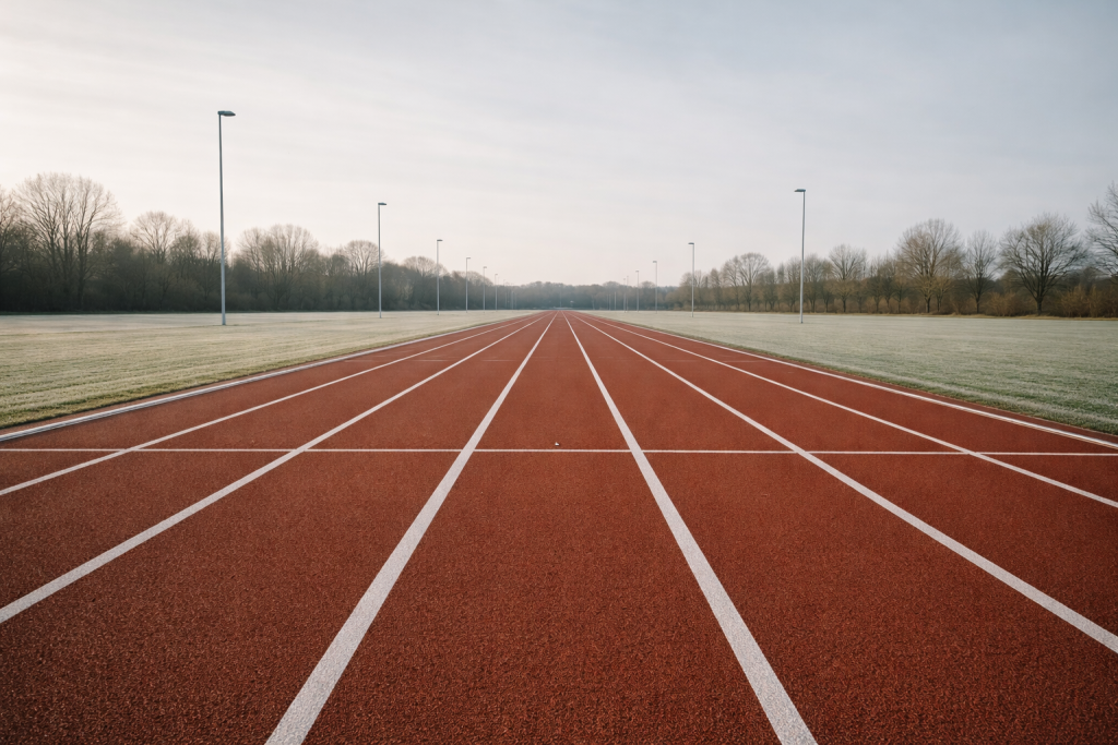 [light] Mission/værdier: symbolsk billede af fremdrift og præcision—en tom løbebane med tydelige linjer, der leder øjet frem og giver en klar, målrettet følelse.