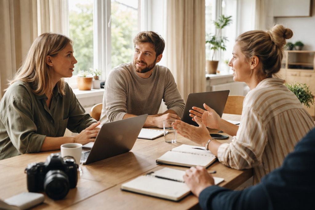 [light] Om os/hold: et lille redaktionelt team i et lyst kontor, der arbejder med sportsguides og data på laptops—candid og troværdigt.