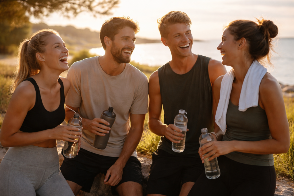 [light] Atmosfære/livsstil: en blandet gruppe venner efter træning på en dansk udendørs location (park/strandpromenade), afslappet og ægte—fællesskab omkring aktiv livsstil.