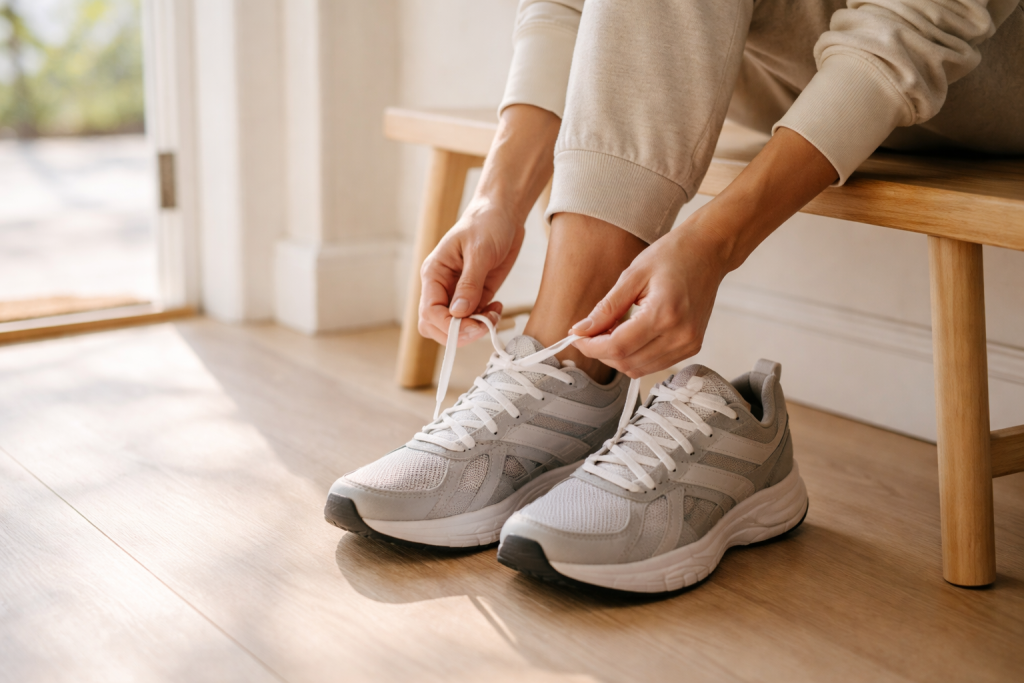 [light] CTA-baggrund: energisk, men enkel scene af en person der snører løbesko ved en dør eller bænk—klar til at komme i gang.