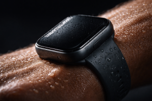 [dark] Detaljebillede til features/udstyr: tæt close-up af en pulsmåler/sportsur på håndled med sved og hudtekstur—præstationsoptimering og data uden synlig skærmtekst.