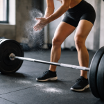 [dark] Servicebillede til træningsguides: en atlet i styrketræningszone, der forbereder et løft—fokus på teknik og seriøs træning, ikke posering.