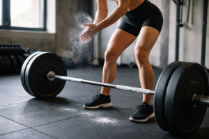 [dark] Servicebillede til træningsguides: en atlet i styrketræningszone, der forbereder et løft—fokus på teknik og seriøs træning, ikke posering.