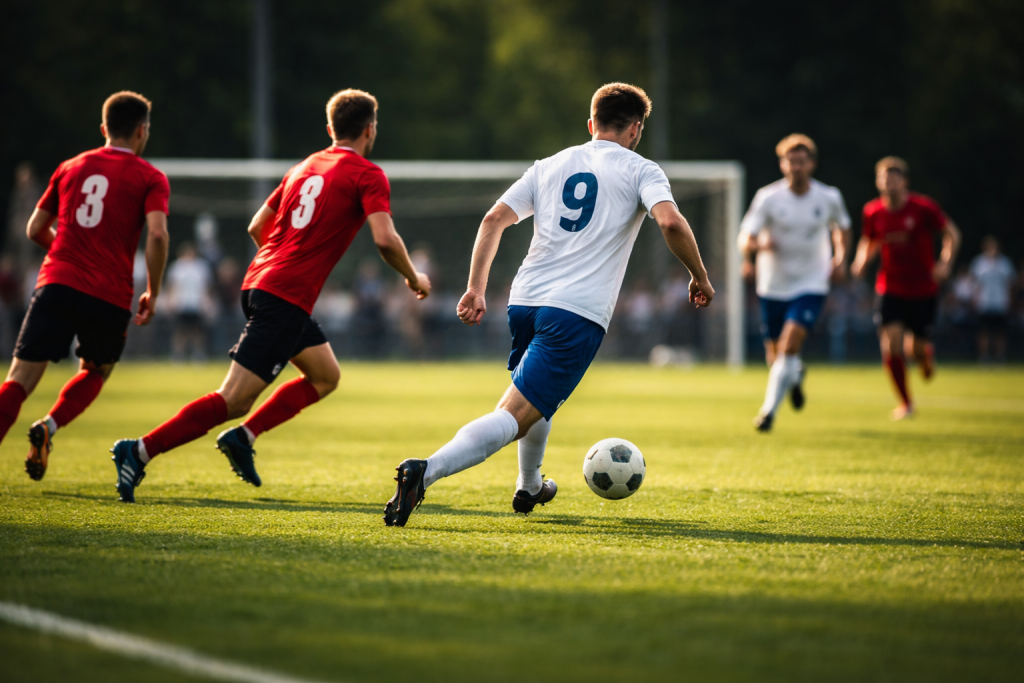 [light] Servicebillede til fodboldanalyse: en kamp-situation set fra sidelinjen med fokus på bevægelse og taktik—uden genkendelige klublogoer.