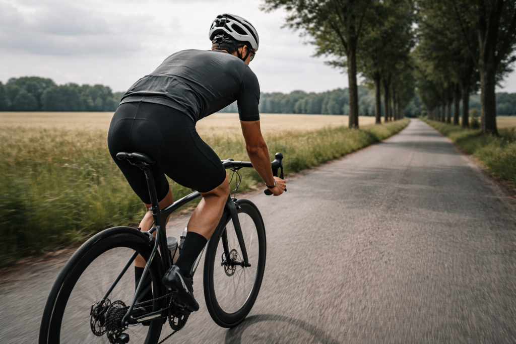 [light] Servicebillede til cyklingtips/udstyr: en cyklist på landevej i dansk landskab—realistisk, roligt og inspirerende for motionister.